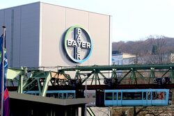Die Schwebebahn fährt unter dem Bayer-Logo durch.