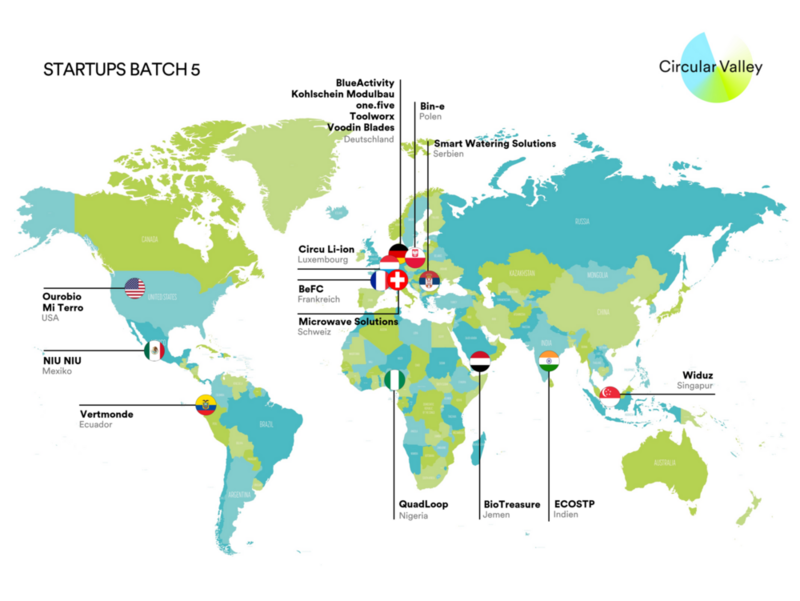Weltkarte mit der Verortung der teilnehmenden Startups am neuen Circular Valley Programm.
